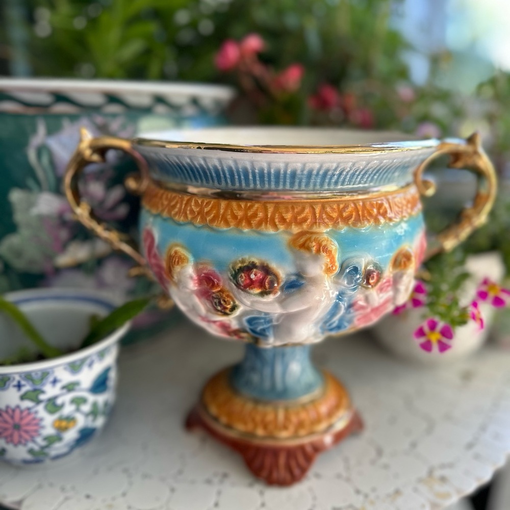 Vintage Italian Ceramic Vase w/ Cherubs - 2 Jars Sold as Set or Individually